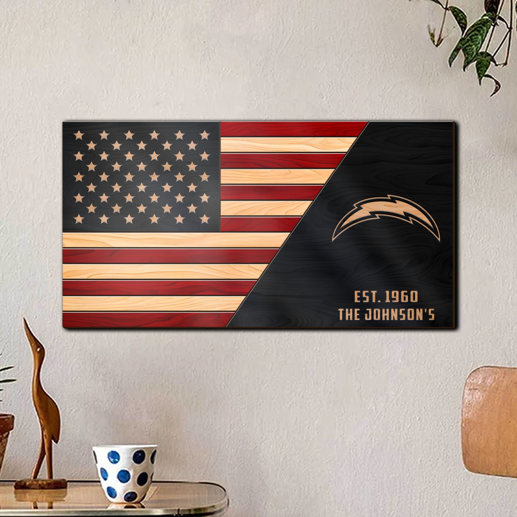 Los Angeles Chargers Team And America Flag 2 Layers Woodsign, Football Team Sign , Football Lover Gifts, Home Decorations ETRG-59563